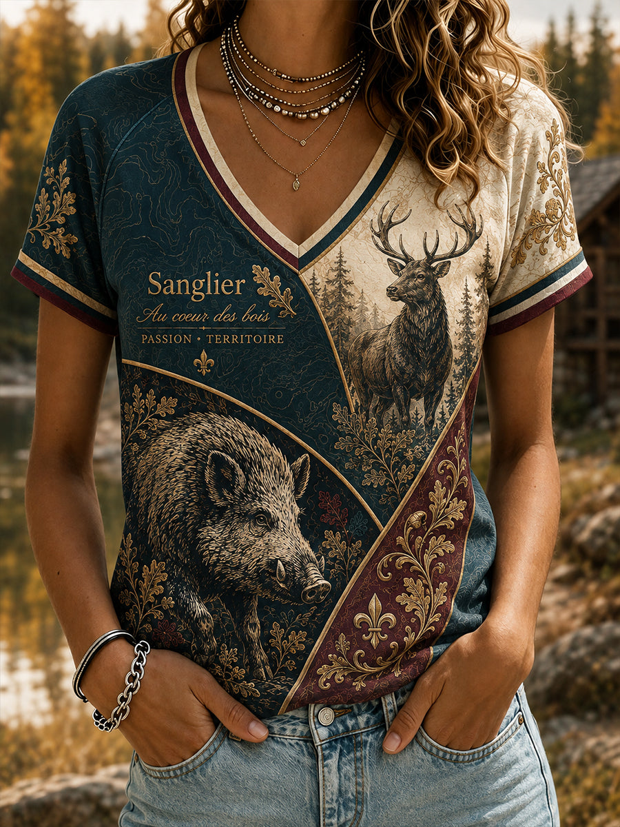 T-shirt femme à col en V et épaules dénudées, manches courtes, saison de la chasse française