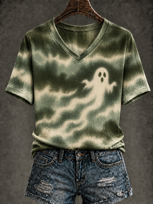 Women's Ghost Tie Dye Printed V-neck T-shirt