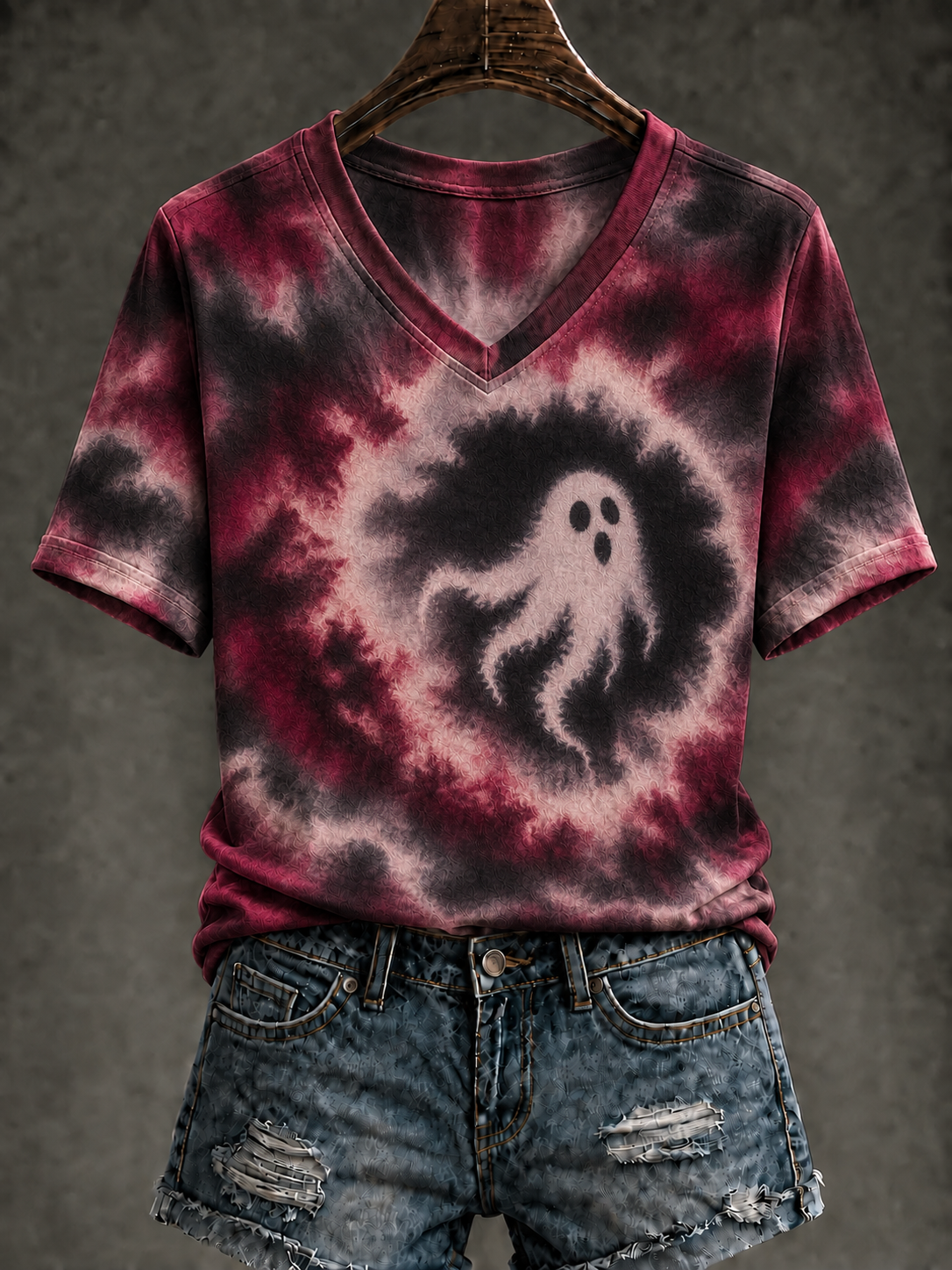 Women's Ghost Tie Dye Printed V-neck T-shirt