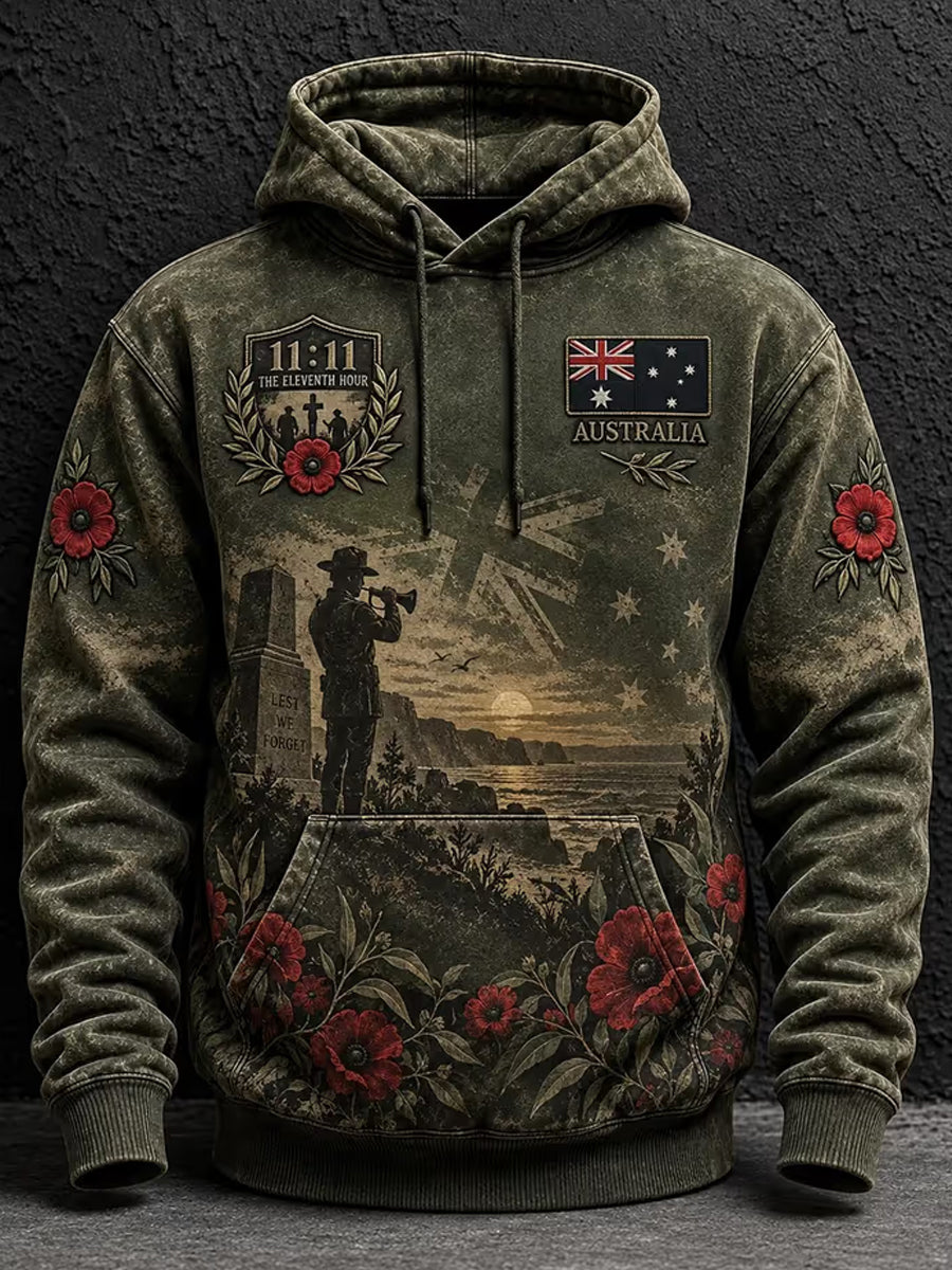 Men's Lest We Forget Australian Remembrance Day Print  Hoodie with Pockets